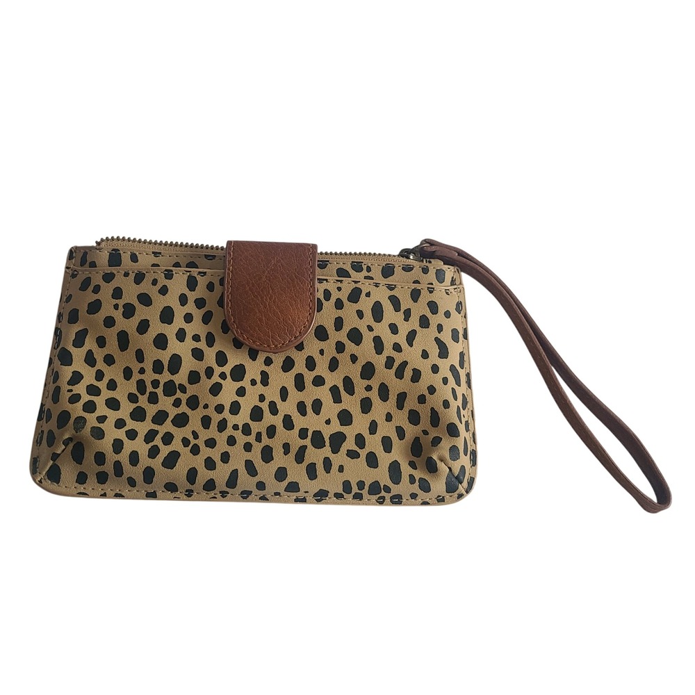 Cheetah Print Faux Leather Wristlet Wallet with Card Slots Tan Brown Black